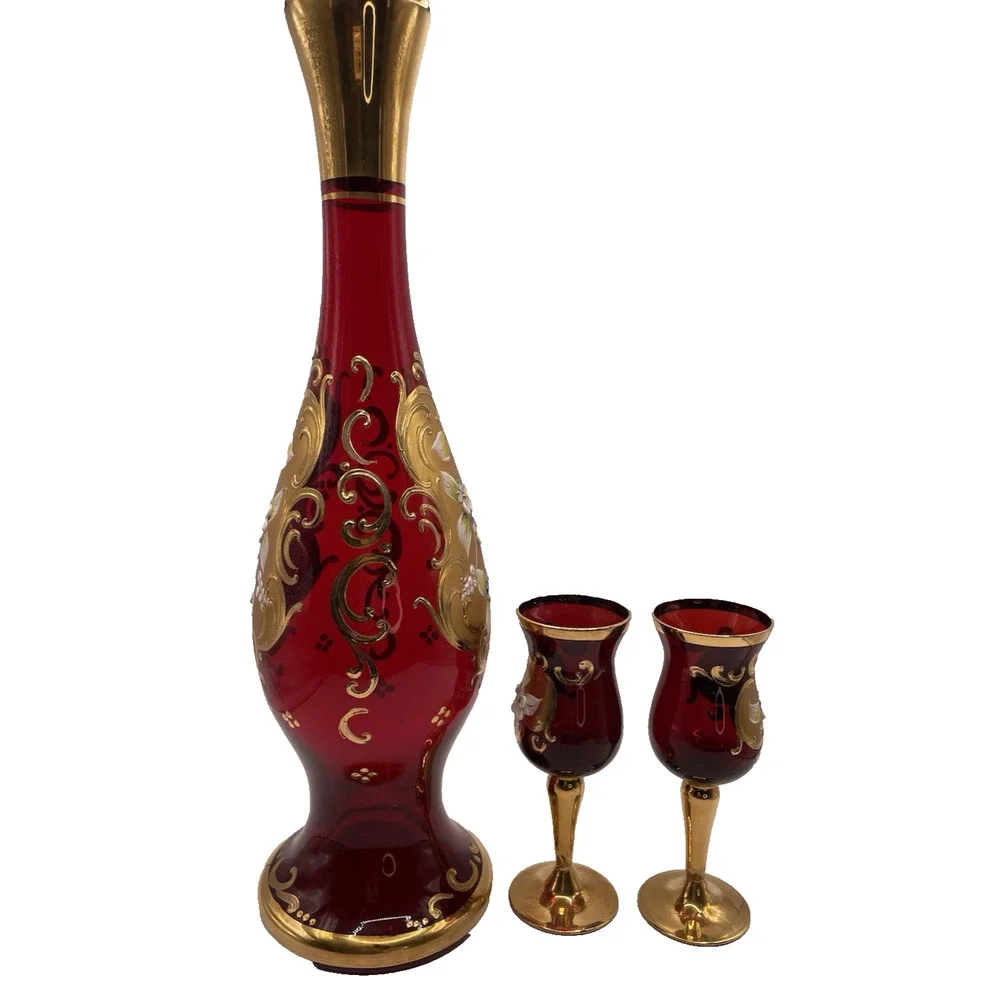 Vintage RED Tre Fuochi Murano Venetian Glass Aperitif Set gold Plated Italy
